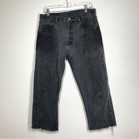 Levi's 501 Washed Baggy Black Distressed Cutt Of Hem 32 High Rise Button Fly - Picture 2 of 16
